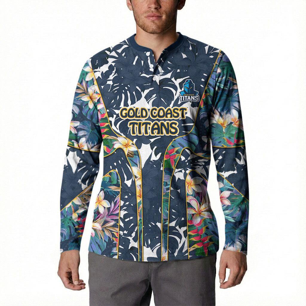 Gold Coast Titans Button Sweatshirt Tropical Hibiscus Floral Pattern With Blue And Yellow Accents