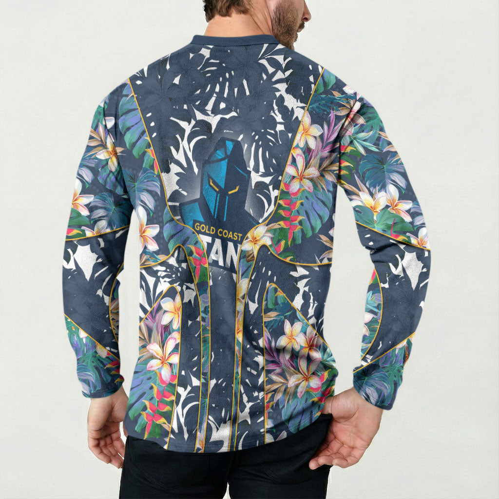 Gold Coast Titans Button Sweatshirt Tropical Hibiscus Floral Pattern With Blue And Yellow Accents