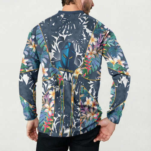 Gold Coast Titans Button Sweatshirt Tropical Hibiscus Floral Pattern With Blue And Yellow Accents