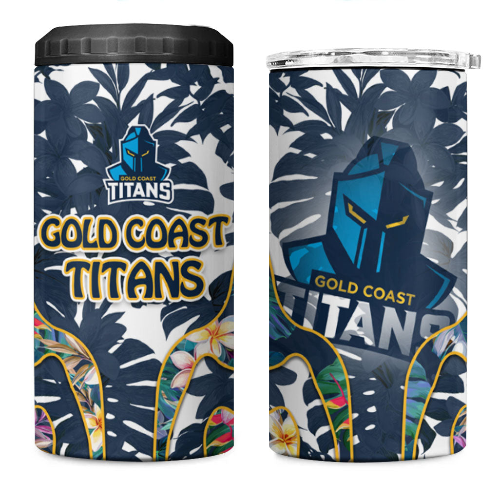 Gold Coast Titans 4 in 1 Can Cooler Tumbler Tropical Hibiscus Floral Pattern With Blue And Yellow Accents