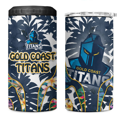 Gold Coast Titans 4 in 1 Can Cooler Tumbler Tropical Hibiscus Floral Pattern With Blue And Yellow Accents