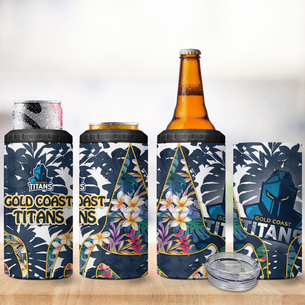 Gold Coast Titans 4 in 1 Can Cooler Tumbler Tropical Hibiscus Floral Pattern With Blue And Yellow Accents