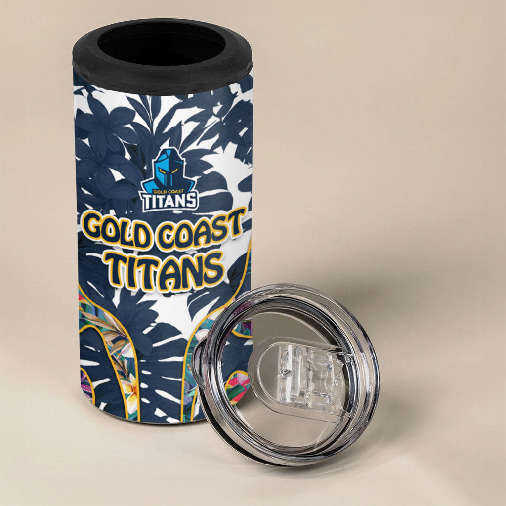 Gold Coast Titans 4 in 1 Can Cooler Tumbler Tropical Hibiscus Floral Pattern With Blue And Yellow Accents