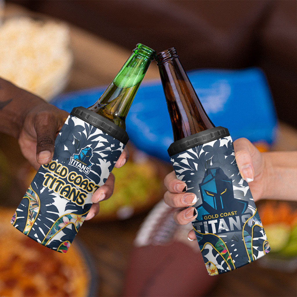 Gold Coast Titans 4 in 1 Can Cooler Tumbler Tropical Hibiscus Floral Pattern With Blue And Yellow Accents