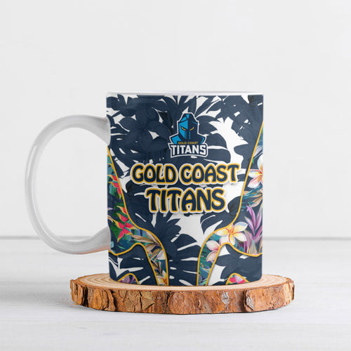 Gold Coast Titans Ceramic Mug Tropical Hibiscus Floral Pattern With Blue And Yellow Accents