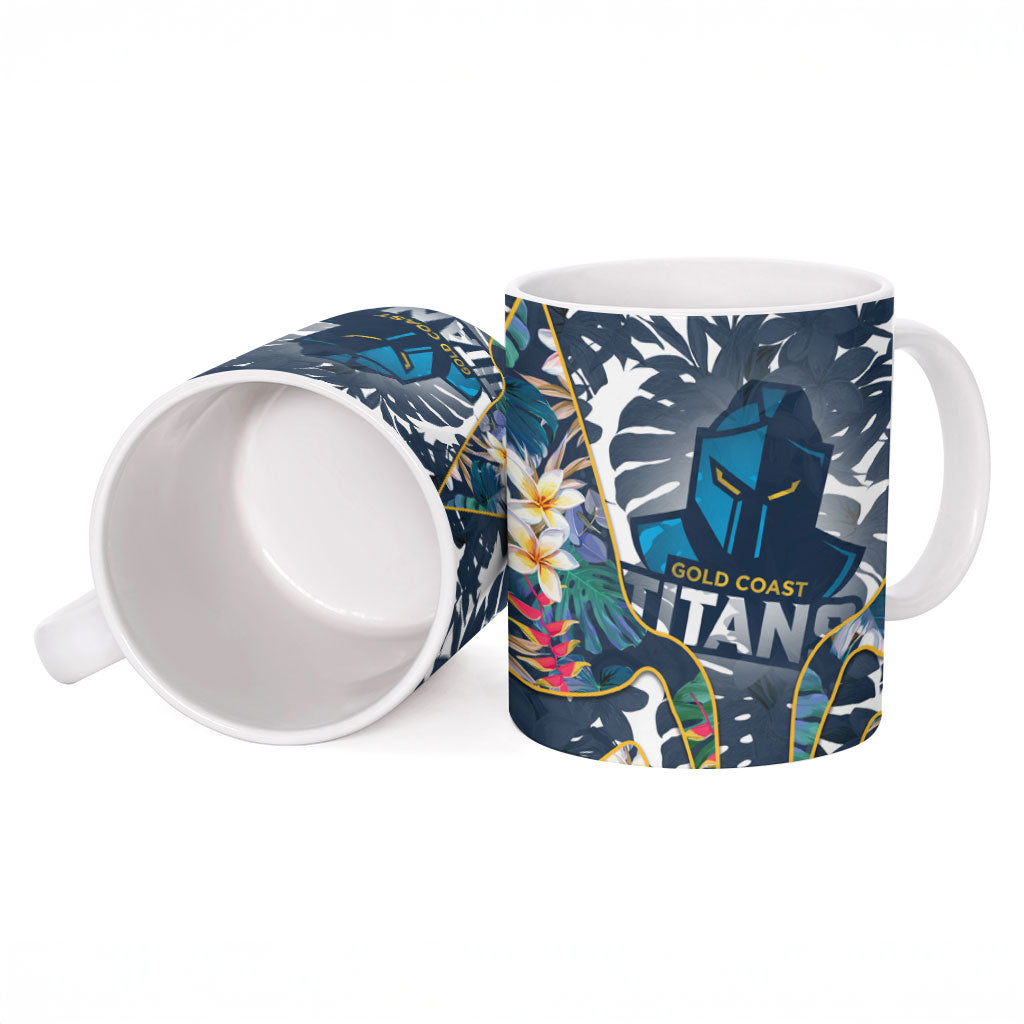 Gold Coast Titans Ceramic Mug Tropical Hibiscus Floral Pattern With Blue And Yellow Accents