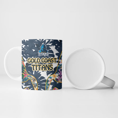 Gold Coast Titans Ceramic Mug Tropical Hibiscus Floral Pattern With Blue And Yellow Accents