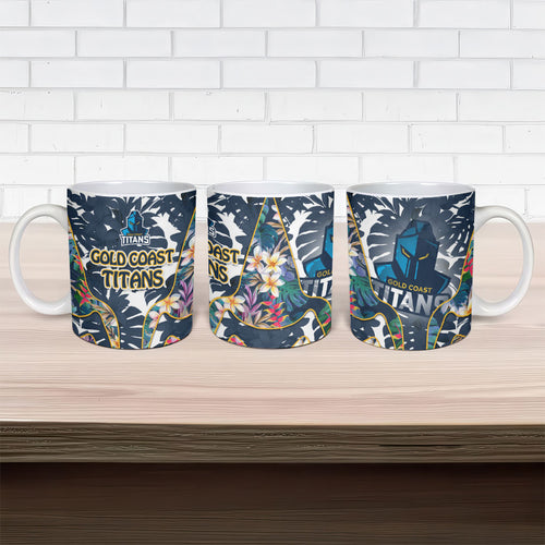 Gold Coast Titans Ceramic Mug Tropical Hibiscus Floral Pattern With Blue And Yellow Accents
