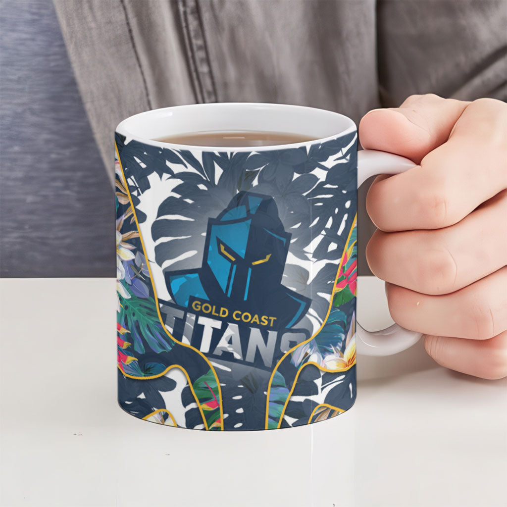 Gold Coast Titans Ceramic Mug Tropical Hibiscus Floral Pattern With Blue And Yellow Accents