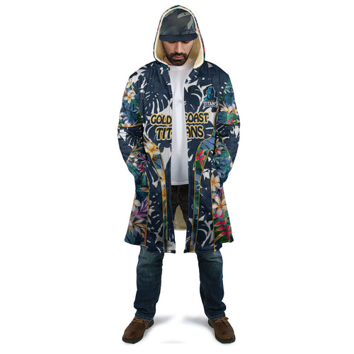 Gold Coast Titans Cloak Tropical Hibiscus Floral Pattern With Blue And Yellow Accents