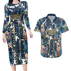 Gold Coast Titans Couples Matching Long Sleeve Bodycon Dress and Hawaiian Shirt Tropical Hibiscus Floral Pattern With Blue And Yellow Accents