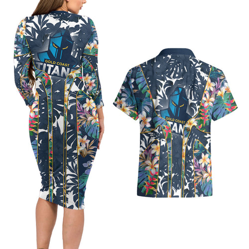Gold Coast Titans Couples Matching Long Sleeve Bodycon Dress and Hawaiian Shirt Tropical Hibiscus Floral Pattern With Blue And Yellow Accents