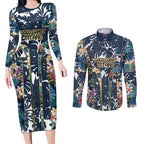 Gold Coast Titans Couples Matching Long Sleeve Bodycon Dress and Long Sleeve Button Shirt Tropical Hibiscus Floral Pattern With Blue And Yellow Accents