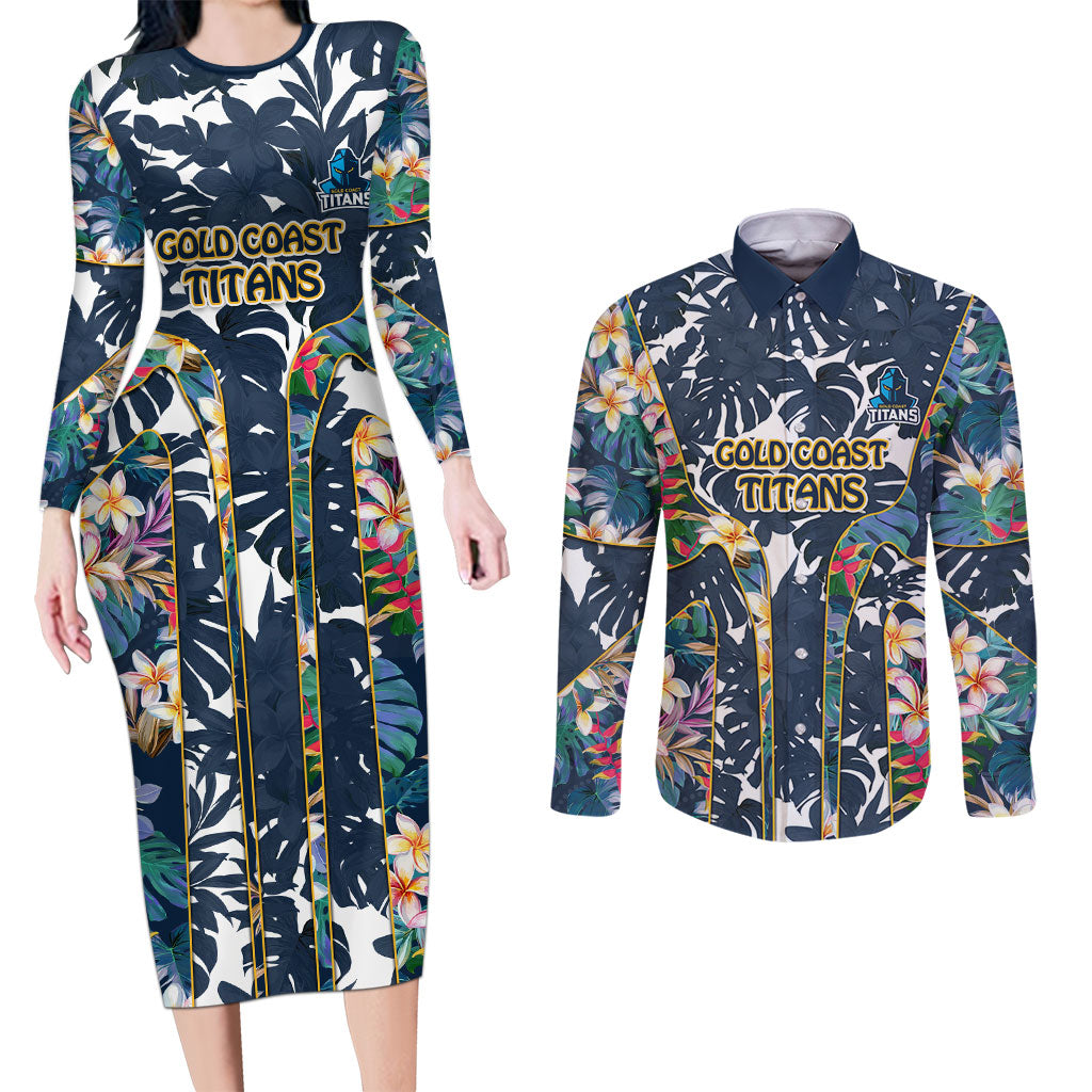 Gold Coast Titans Couples Matching Long Sleeve Bodycon Dress and Long Sleeve Button Shirt Tropical Hibiscus Floral Pattern With Blue And Yellow Accents