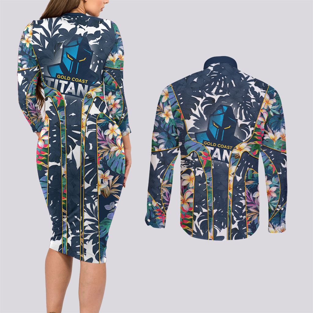 Gold Coast Titans Couples Matching Long Sleeve Bodycon Dress and Long Sleeve Button Shirt Tropical Hibiscus Floral Pattern With Blue And Yellow Accents