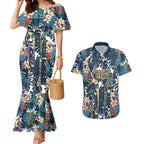 Gold Coast Titans Couples Matching Mermaid Dress and Hawaiian Shirt Tropical Hibiscus Floral Pattern With Blue And Yellow Accents
