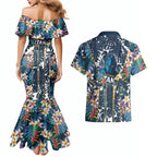 Gold Coast Titans Couples Matching Mermaid Dress and Hawaiian Shirt Tropical Hibiscus Floral Pattern With Blue And Yellow Accents