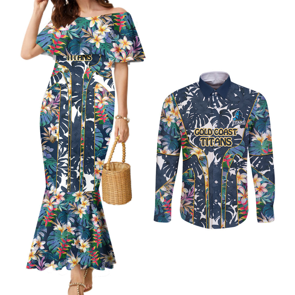 Gold Coast Titans Couples Matching Mermaid Dress and Long Sleeve Button Shirt Tropical Hibiscus Floral Pattern With Blue And Yellow Accents