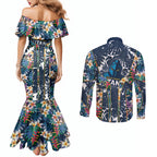 Gold Coast Titans Couples Matching Mermaid Dress and Long Sleeve Button Shirt Tropical Hibiscus Floral Pattern With Blue And Yellow Accents