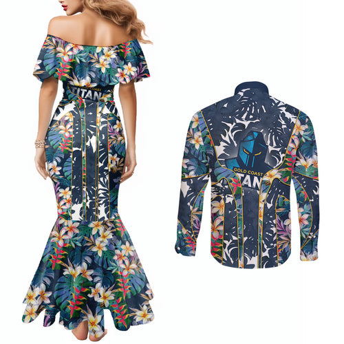 Gold Coast Titans Couples Matching Mermaid Dress and Long Sleeve Button Shirt Tropical Hibiscus Floral Pattern With Blue And Yellow Accents