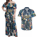 Gold Coast Titans Couples Matching Off Shoulder Maxi Dress and Hawaiian Shirt Tropical Hibiscus Floral Pattern With Blue And Yellow Accents