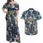 Gold Coast Titans Couples Matching Off Shoulder Maxi Dress and Hawaiian Shirt Tropical Hibiscus Floral Pattern With Blue And Yellow Accents