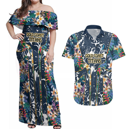 Gold Coast Titans Couples Matching Off Shoulder Maxi Dress and Hawaiian Shirt Tropical Hibiscus Floral Pattern With Blue And Yellow Accents
