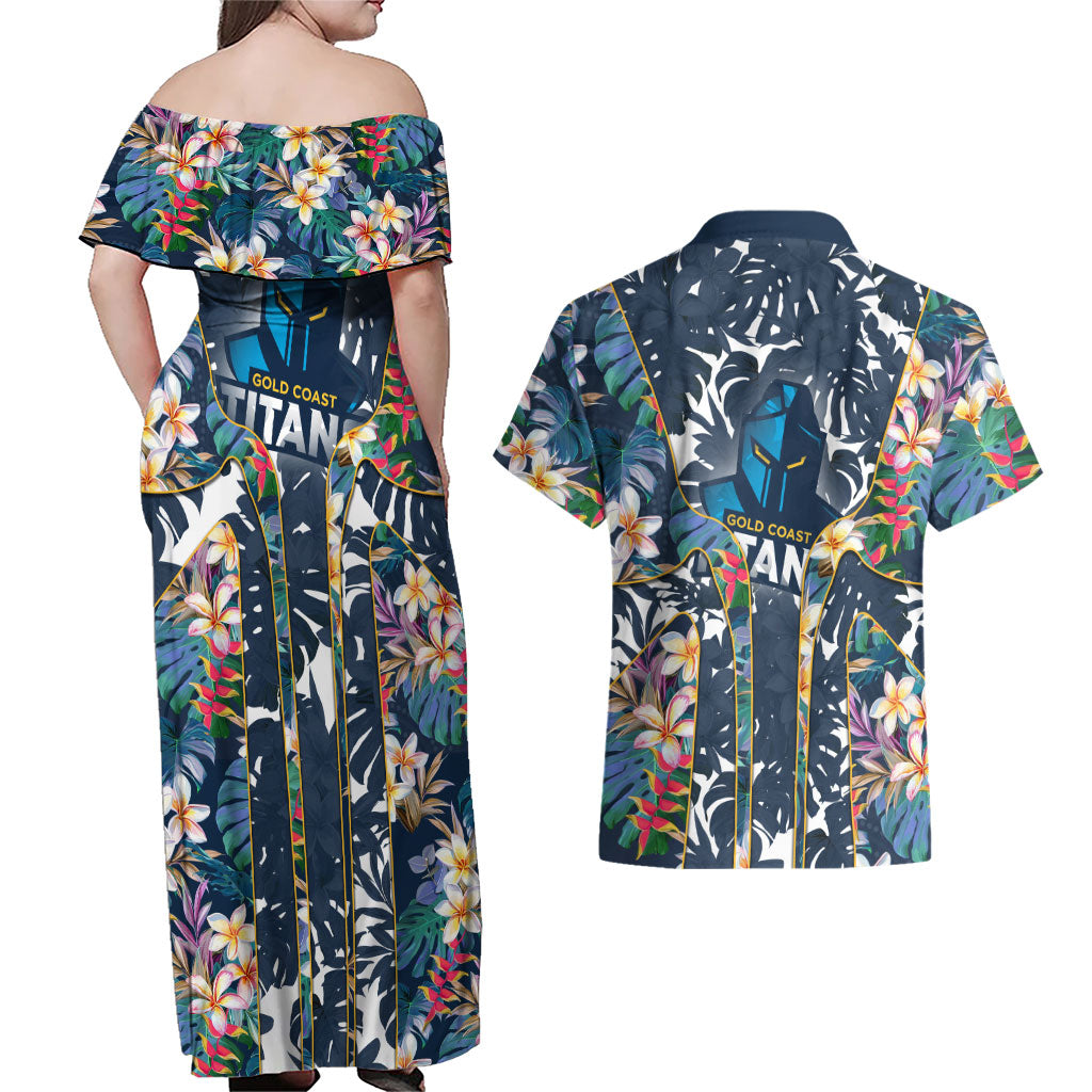Gold Coast Titans Couples Matching Off Shoulder Maxi Dress and Hawaiian Shirt Tropical Hibiscus Floral Pattern With Blue And Yellow Accents