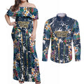 Gold Coast Titans Couples Matching Off Shoulder Maxi Dress and Long Sleeve Button Shirt Tropical Hibiscus Floral Pattern With Blue And Yellow Accents