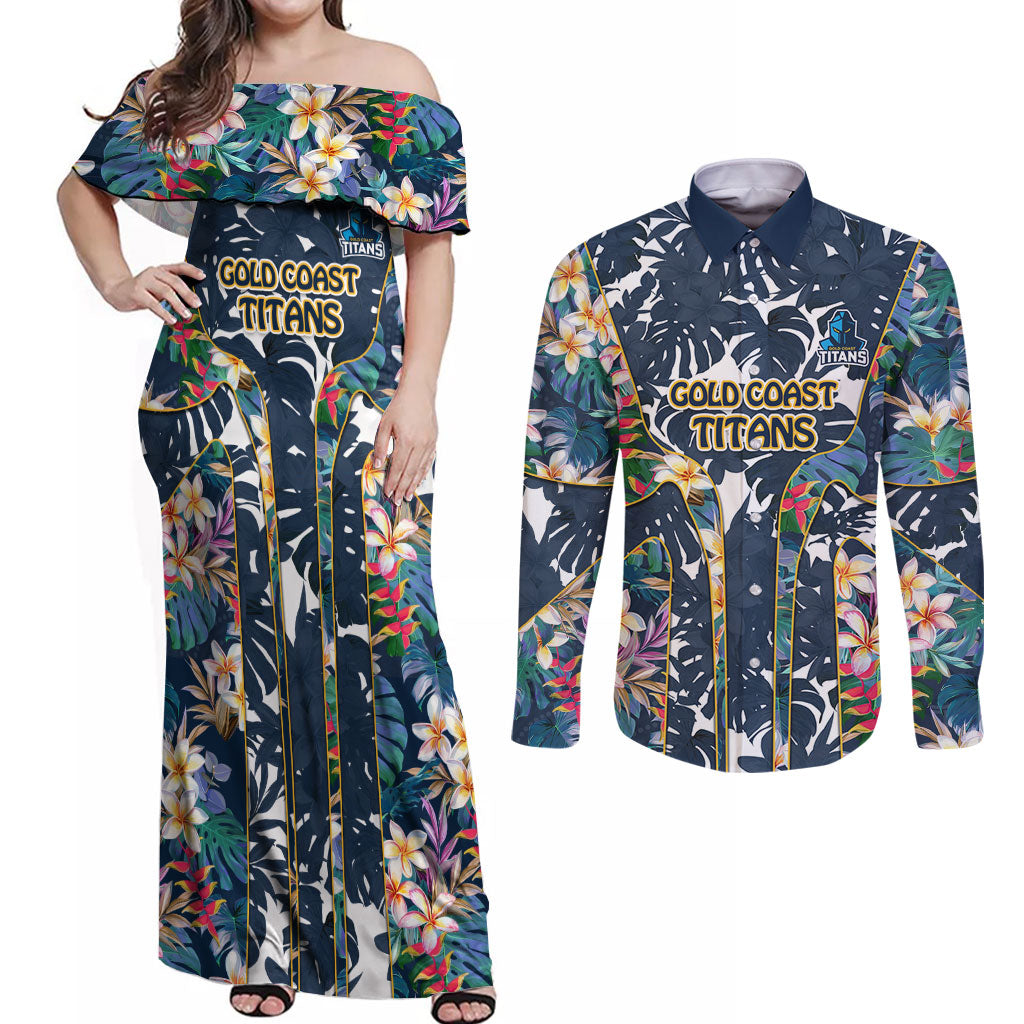 Gold Coast Titans Couples Matching Off Shoulder Maxi Dress and Long Sleeve Button Shirt Tropical Hibiscus Floral Pattern With Blue And Yellow Accents