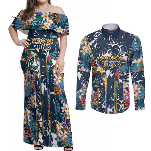 Gold Coast Titans Couples Matching Off Shoulder Maxi Dress and Long Sleeve Button Shirt Tropical Hibiscus Floral Pattern With Blue And Yellow Accents