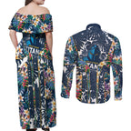 Gold Coast Titans Couples Matching Off Shoulder Maxi Dress and Long Sleeve Button Shirt Tropical Hibiscus Floral Pattern With Blue And Yellow Accents