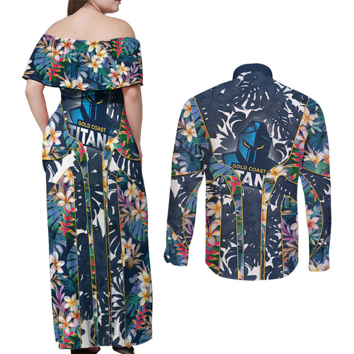 Gold Coast Titans Couples Matching Off Shoulder Maxi Dress and Long Sleeve Button Shirt Tropical Hibiscus Floral Pattern With Blue And Yellow Accents
