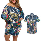 Gold Coast Titans Couples Matching Off Shoulder Short Dress and Hawaiian Shirt Tropical Hibiscus Floral Pattern With Blue And Yellow Accents