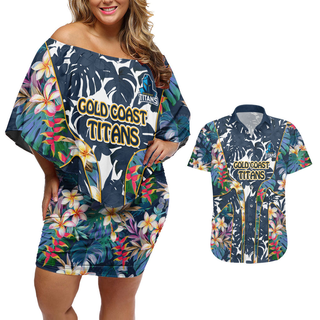 Gold Coast Titans Couples Matching Off Shoulder Short Dress and Hawaiian Shirt Tropical Hibiscus Floral Pattern With Blue And Yellow Accents
