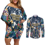 Gold Coast Titans Couples Matching Off Shoulder Short Dress and Long Sleeve Button Shirt Tropical Hibiscus Floral Pattern With Blue And Yellow Accents