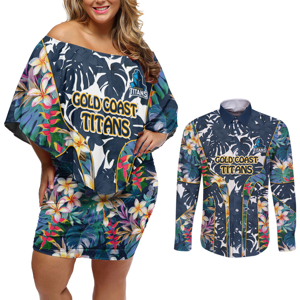 Gold Coast Titans Couples Matching Off Shoulder Short Dress and Long Sleeve Button Shirt Tropical Hibiscus Floral Pattern With Blue And Yellow Accents