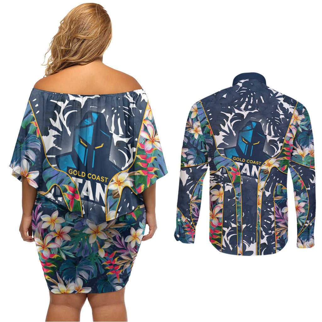 Gold Coast Titans Couples Matching Off Shoulder Short Dress and Long Sleeve Button Shirt Tropical Hibiscus Floral Pattern With Blue And Yellow Accents