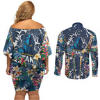 Gold Coast Titans Couples Matching Off Shoulder Short Dress and Long Sleeve Button Shirt Tropical Hibiscus Floral Pattern With Blue And Yellow Accents