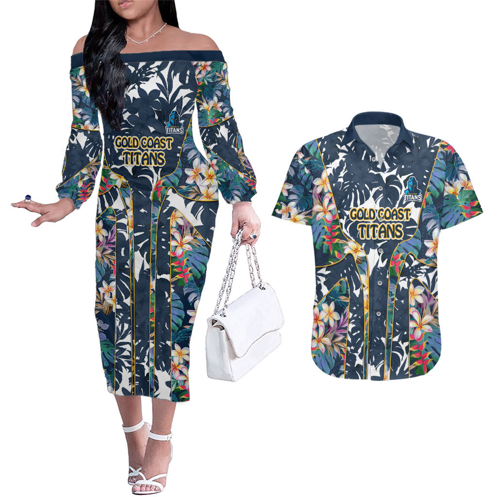 Gold Coast Titans Couples Matching Off The Shoulder Long Sleeve Dress and Hawaiian Shirt Tropical Hibiscus Floral Pattern With Blue And Yellow Accents