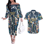 Gold Coast Titans Couples Matching Off The Shoulder Long Sleeve Dress and Hawaiian Shirt Tropical Hibiscus Floral Pattern With Blue And Yellow Accents