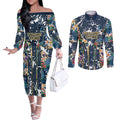 Gold Coast Titans Couples Matching Off The Shoulder Long Sleeve Dress and Long Sleeve Button Shirt Tropical Hibiscus Floral Pattern With Blue And Yellow Accents