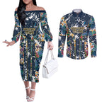 Gold Coast Titans Couples Matching Off The Shoulder Long Sleeve Dress and Long Sleeve Button Shirt Tropical Hibiscus Floral Pattern With Blue And Yellow Accents