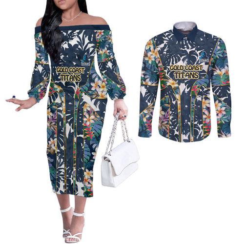 Gold Coast Titans Couples Matching Off The Shoulder Long Sleeve Dress and Long Sleeve Button Shirt Tropical Hibiscus Floral Pattern With Blue And Yellow Accents