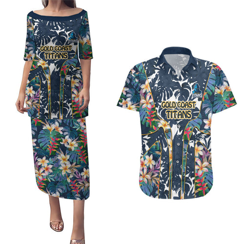 Gold Coast Titans Couples Matching Puletasi and Hawaiian Shirt Tropical Hibiscus Floral Pattern With Blue And Yellow Accents