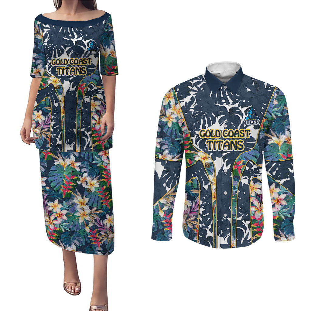 Gold Coast Titans Couples Matching Puletasi and Long Sleeve Button Shirt Tropical Hibiscus Floral Pattern With Blue And Yellow Accents