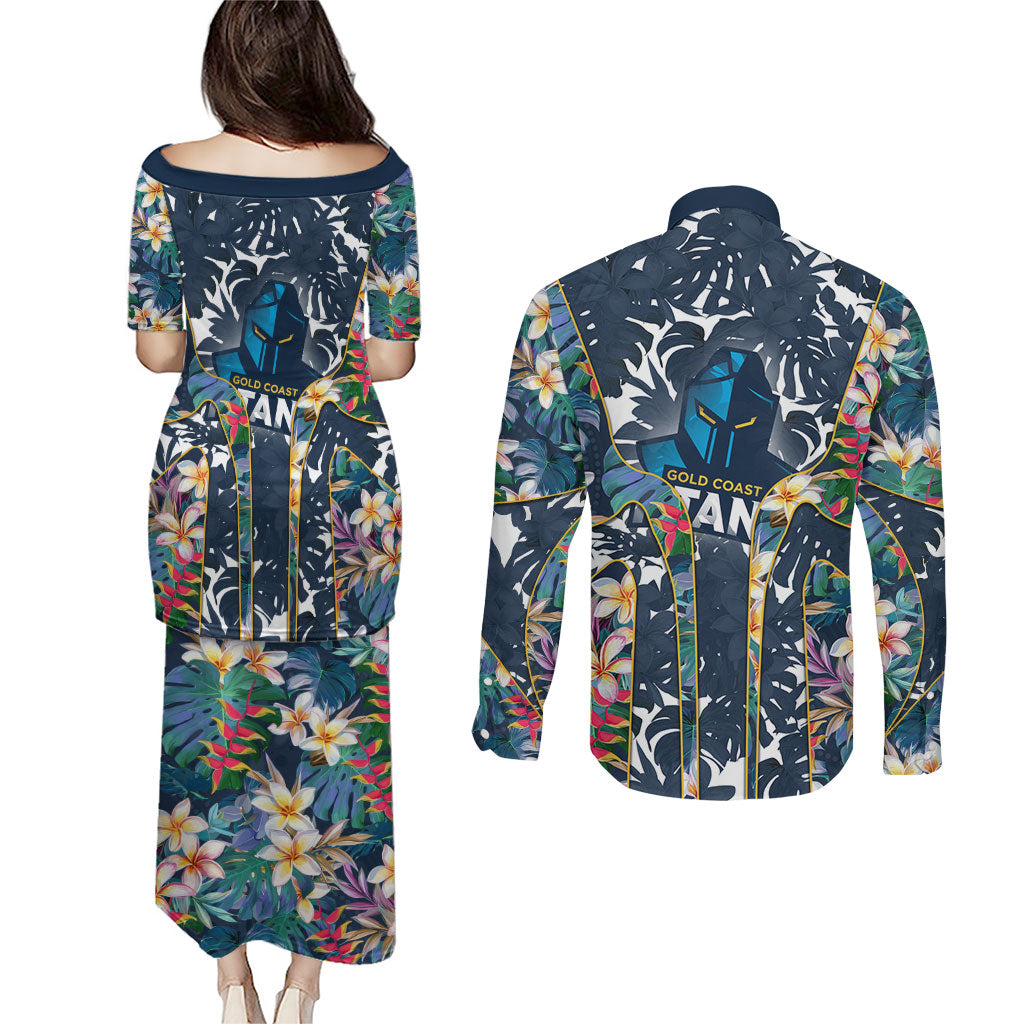 Gold Coast Titans Couples Matching Puletasi and Long Sleeve Button Shirt Tropical Hibiscus Floral Pattern With Blue And Yellow Accents
