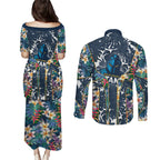 Gold Coast Titans Couples Matching Puletasi and Long Sleeve Button Shirt Tropical Hibiscus Floral Pattern With Blue And Yellow Accents