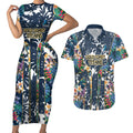 Gold Coast Titans Couples Matching Short Sleeve Bodycon Dress and Hawaiian Shirt Tropical Hibiscus Floral Pattern With Blue And Yellow Accents