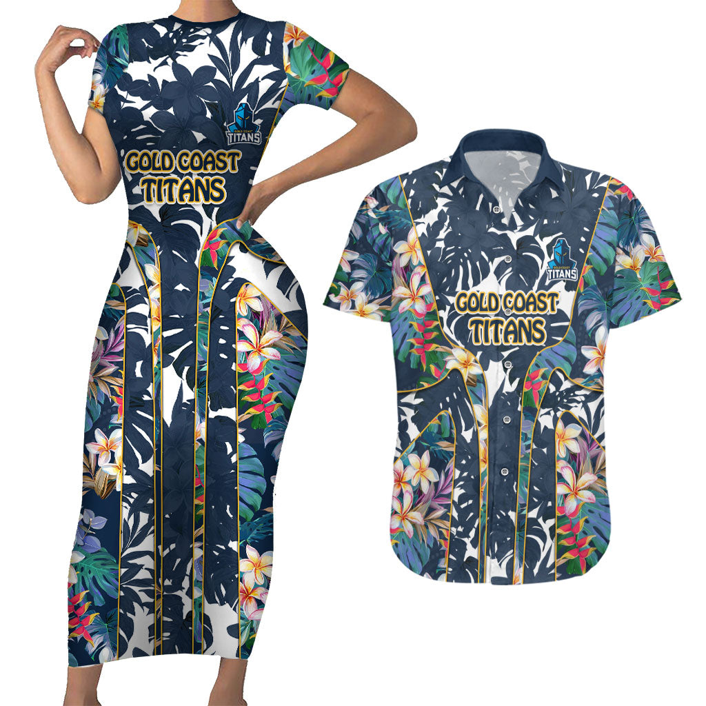 Gold Coast Titans Couples Matching Short Sleeve Bodycon Dress and Hawaiian Shirt Tropical Hibiscus Floral Pattern With Blue And Yellow Accents